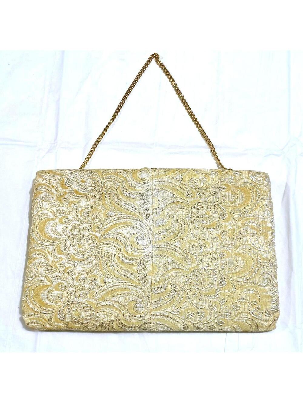 Vintage Gold and Cream Brocade Evening Clutch With Metal Clasp and Chain Strap